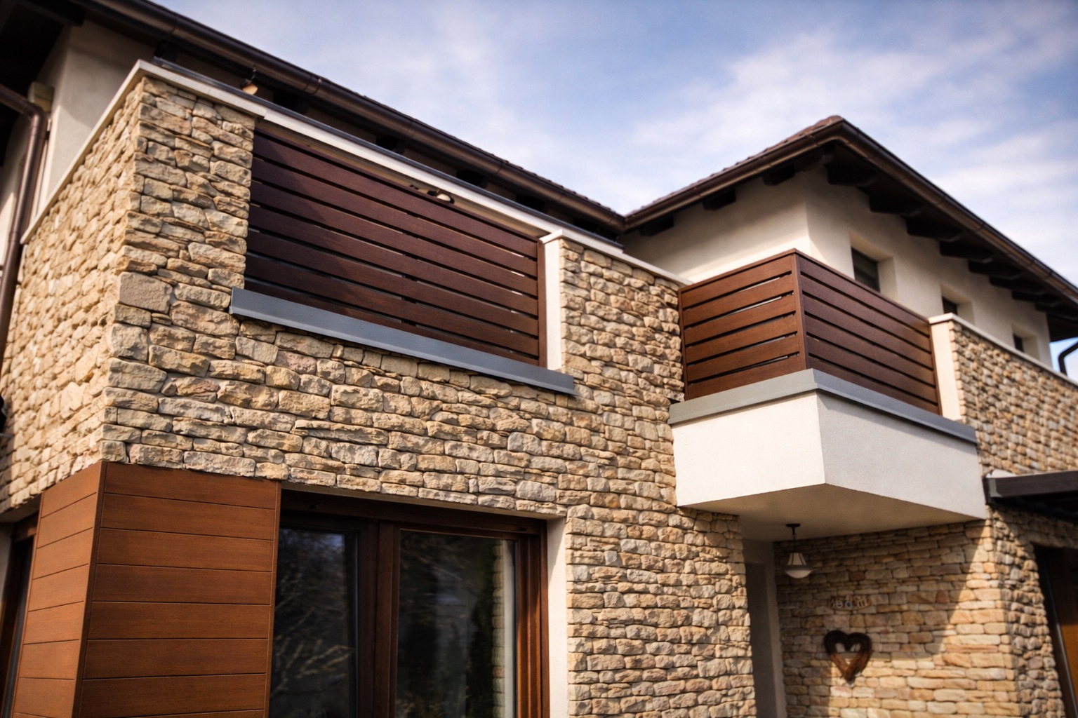 Parapetti in alluminio effetto legno su facciata in pietra